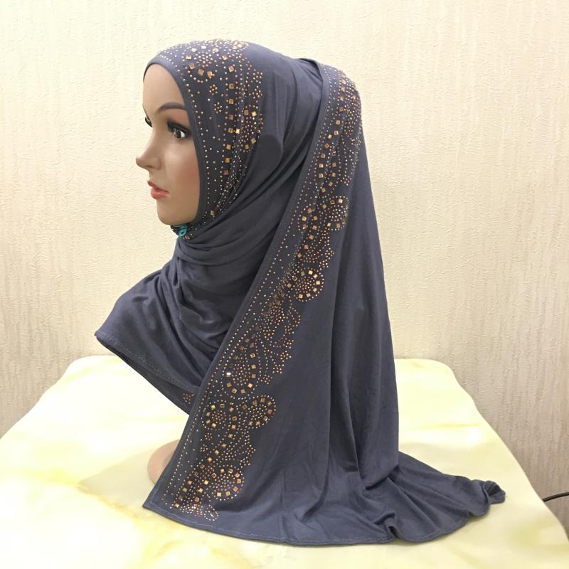 H099 hochwertiger weicher Jersey-Schal mit Steinen zum Überziehen Modal-Kopfschal Damen-Hijab islamischer Damen-Schal Kopftuch dunkelgrau