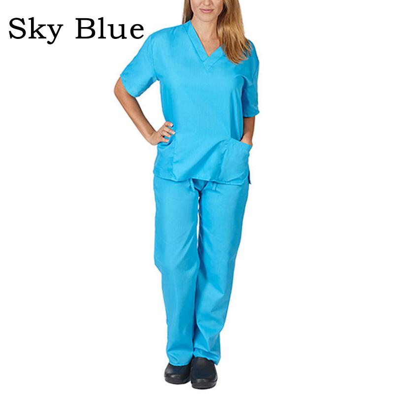 Zweiteiliges Set, Scrub-Anzug, Pflegeuniform-Set, Oberteile + Hosen, V-Ausschnitt, kurzärmelige, schnell trocknende Anzüge 2XL himmelblaue