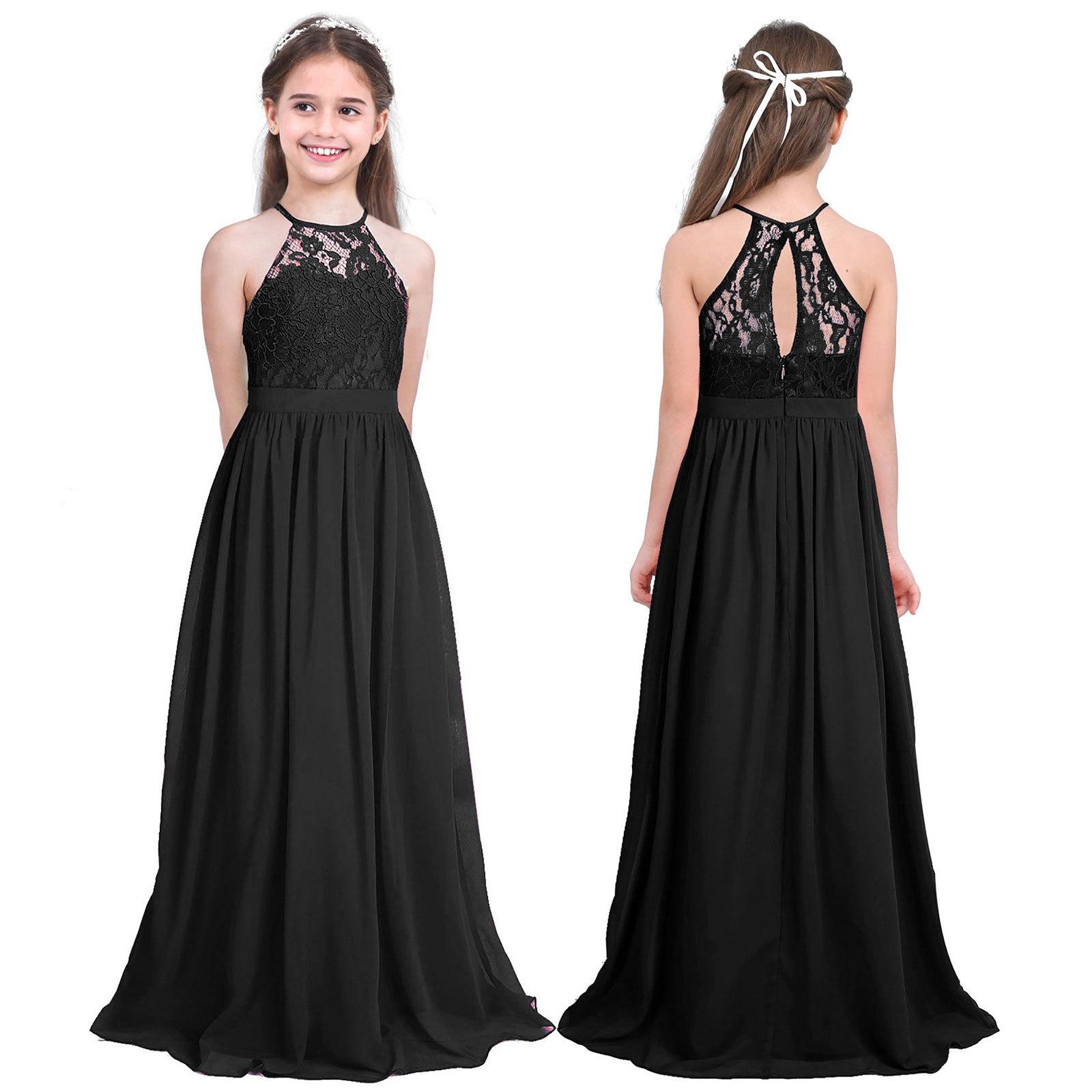Kinder Mädchen Ärmellos Neckholder Spitze Chiffon Prinzessin Festzug Abendkleid Hochzeit Brautjungfer Blumenmädchen Kleid 14-16 Years schwarz