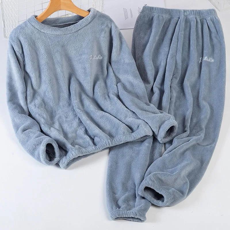 Warmer Damen-Pyjama-Anzug für den Winter, Heimkleidung, Korallen-Fleece, dicker Samt, Nachtwäsche, Oberteil und Hose, Pullover, O-Ausschnitt, lässig, locker, langärmelig, Flanell-Pyjama XL