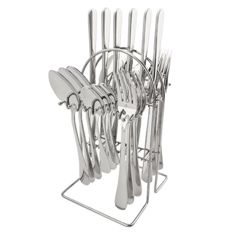 24-teiliges Besteck-Set auf Gestell, Edelstahl-Besteck-Set für Zuhause, Restaurant, Messer, Gabel, Löffel-Set, Küche, Abendessen, Besteck mit Halter silber