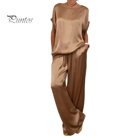 2-teiliges Set mit Oberteil und Hose aus Satin für Damen, Rundhalsausschnitt, Halbarm, Bluse, weites Bein, Hose mit elastischer Taille und Taschen, lockeres Outfit für die tägliche Freizeit M dunkelbraune