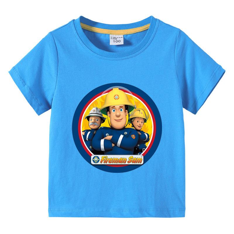 Kinder Sam der Feuerwehrmann Feuerwehrmann Design T-Shirt Jungen/Mädchen Tolle Kawaii Kurzarm Tops Kinder Lustiges T-Shirt für Sommer 120 blue