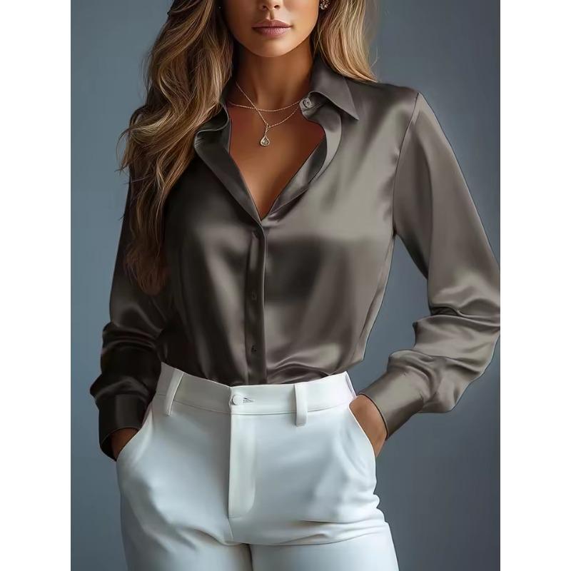 Damen Satinhemden Elegant Schlicht Langarm Bluse Büro Dame Knopfleiste Hemd Oberteil Herbst Weiblich Rundhals Shirts Bluse M braun