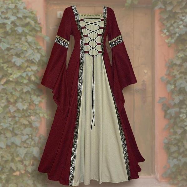 Damenmode Vintage Keltisches Langarm Mittelalterkleid Bodenlanges Renaissance Gothic Kleid Cosplay Halloween Kostüm XXL wein rot