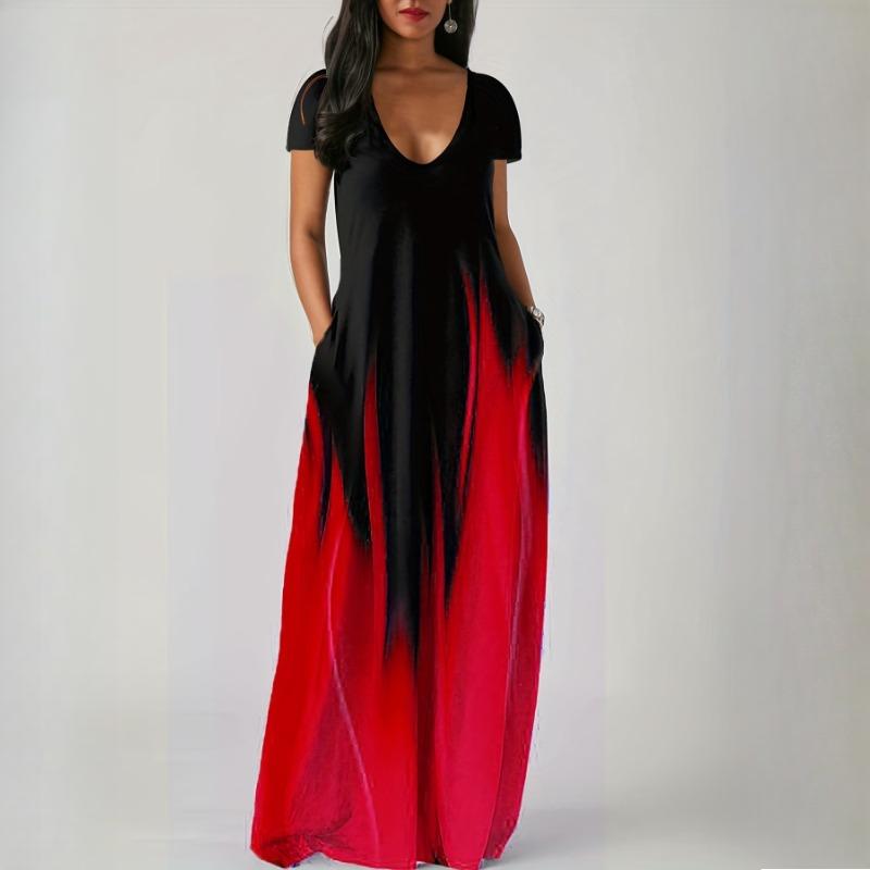 GMXIA Sommer Locker Bedruckt Lässig Sexy Damen Langkleid Taschen Lange Kleider XL rot