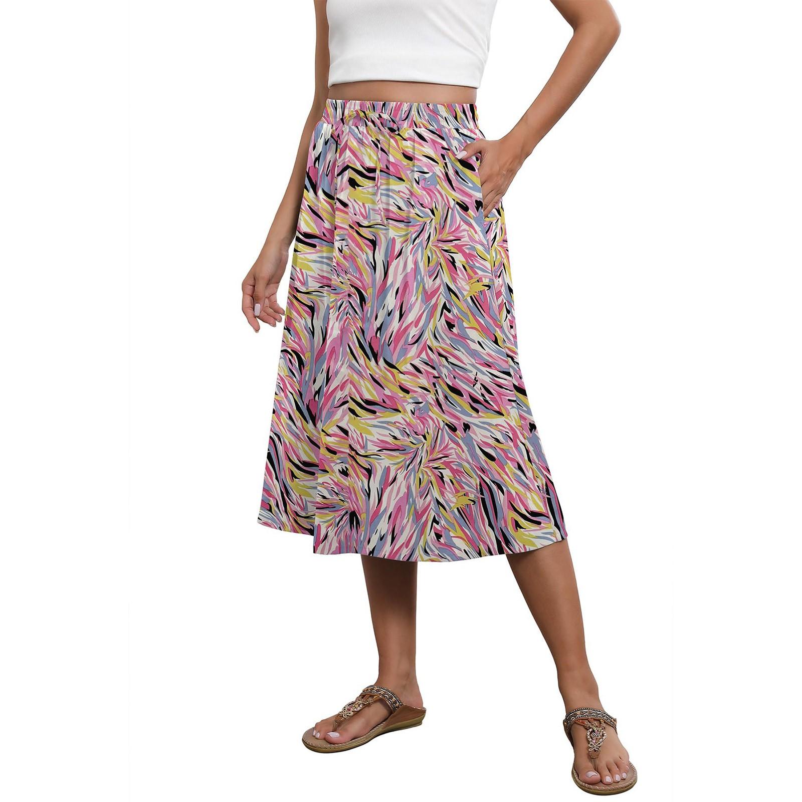 Fließender Rock in Midilänge, elastischer A-Linien-Rock mit hoher Taille und Taschen für Damen, trendiger Rock L rosa