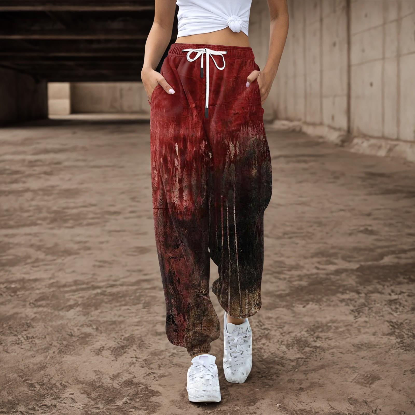 Damen Jogginghose Baggy High Waist Jogginghose Übergröße mit Taschen Bedruckte Hose Hose für Damen S weinrot