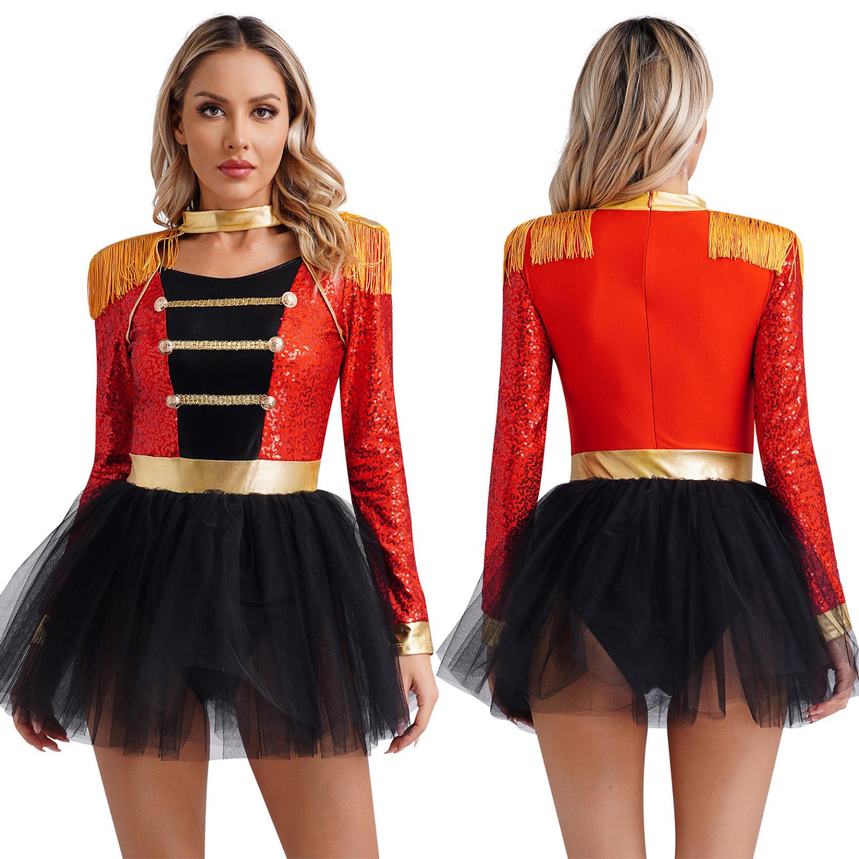 Frauen Pailletten Circus Ringmaster Cosplay Kostüm Langarm Fransen Schulter Tüll Trikot Kleid Halloween Dress Up Kostüm M rot