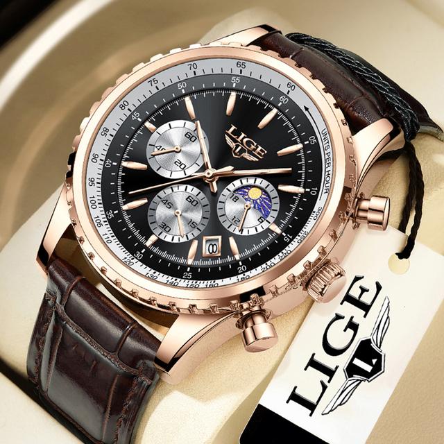LIGE Neue Herrenuhren Top-marke Luxus Männer Armbanduhr Leder Quarzuhr Sport Wasserdicht Datum Chronograph gold/schwarz
