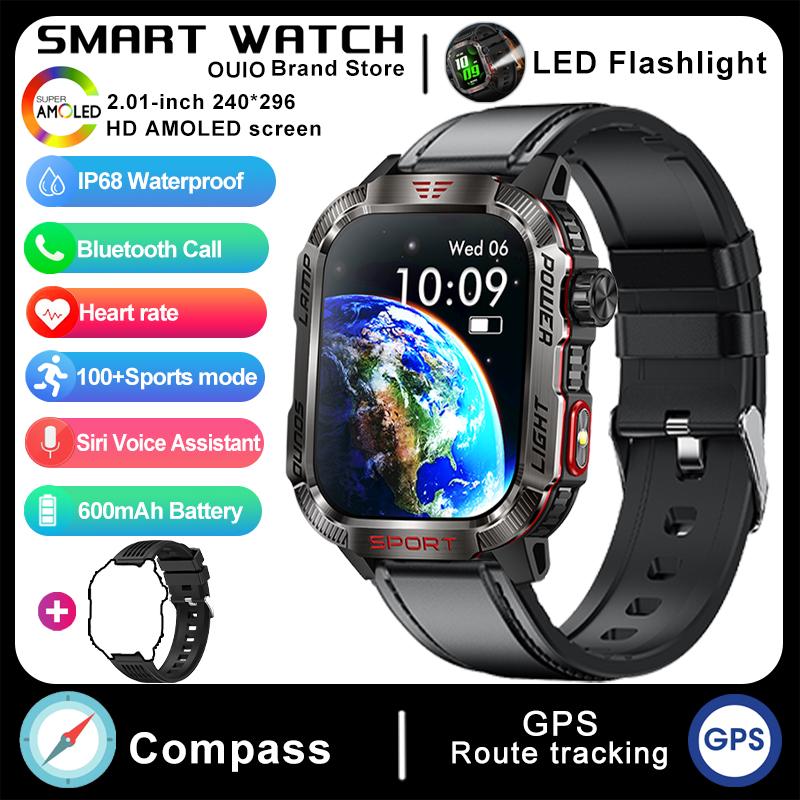2025 neue GPS Smartwatch Männer 600mAh Uhr Sport Outdoor Uhr IP68 Wasserdicht Offline Karte 100 + Sport Modus smart smartwatch silicone+leather schwarz