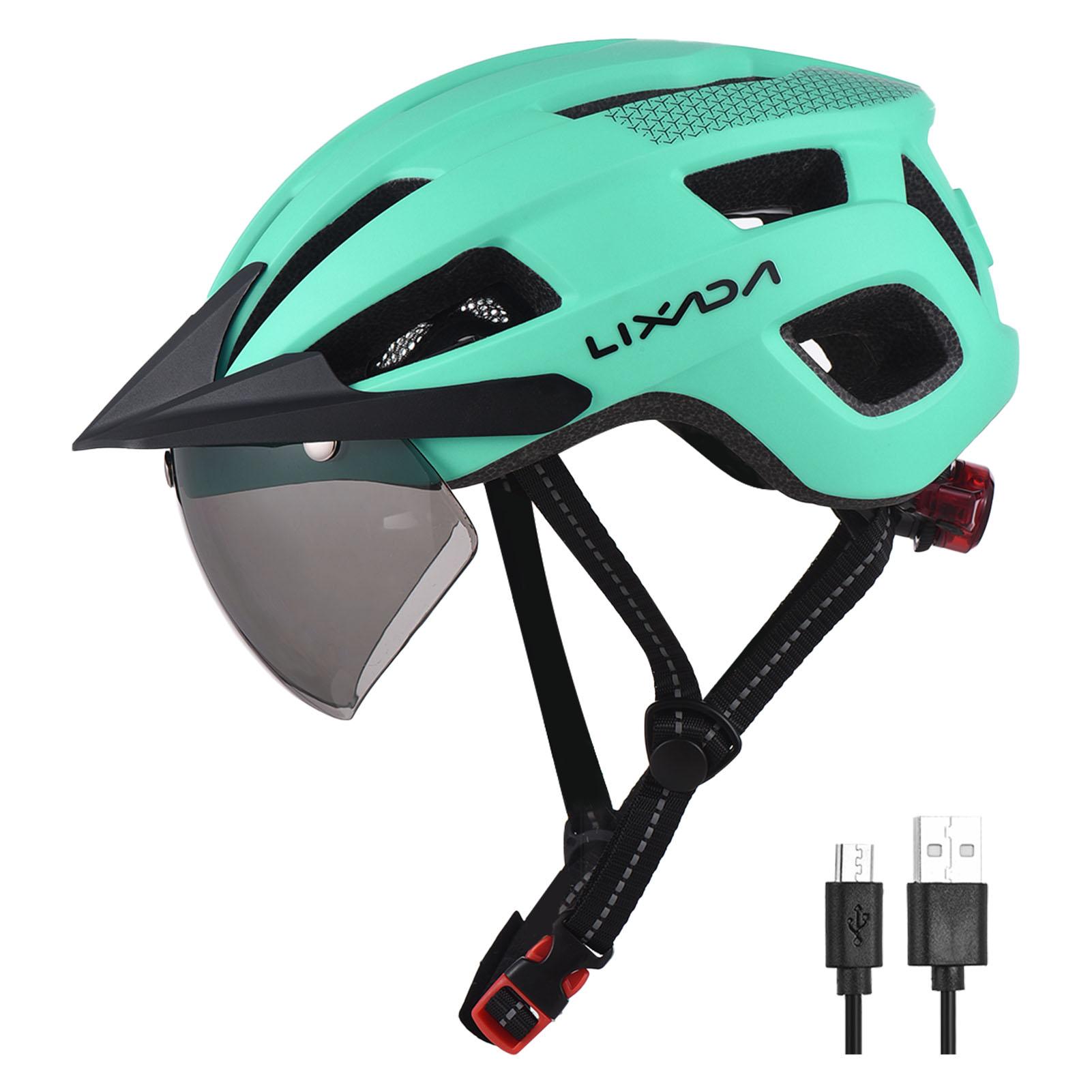 Fahrradhelm mit Windschutzscheibe und Sonnenblende, wiederaufladbares Rücklicht, verstellbarer Fahrradhelm für grün