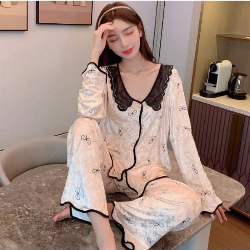 Damen-Pyjama-Set mit V-Ausschnitt, Herbst-Samt, Hemdhose, langärmelig, Spitze, 2-teiliger Pyjama, florales Pyjama-Set, Loungewear 2XL beige
