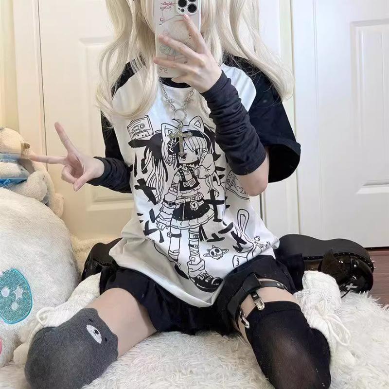 Japanische Baumwolle Anime Kawaii Grunge T-Shirts Niedliche Cartoon Kanji Comics Grafik T-Shirts Lose Übergroße T-Shirts E-Girls Tops Kpop M schwarz