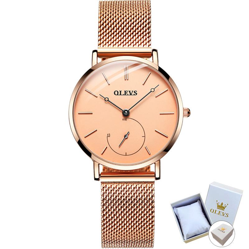 OLEVS Original mit Geschenkbox Marke dünnes kleines Zifferblatt trendige wasserdichte Quarz-Damenuhr Damenuhr gold