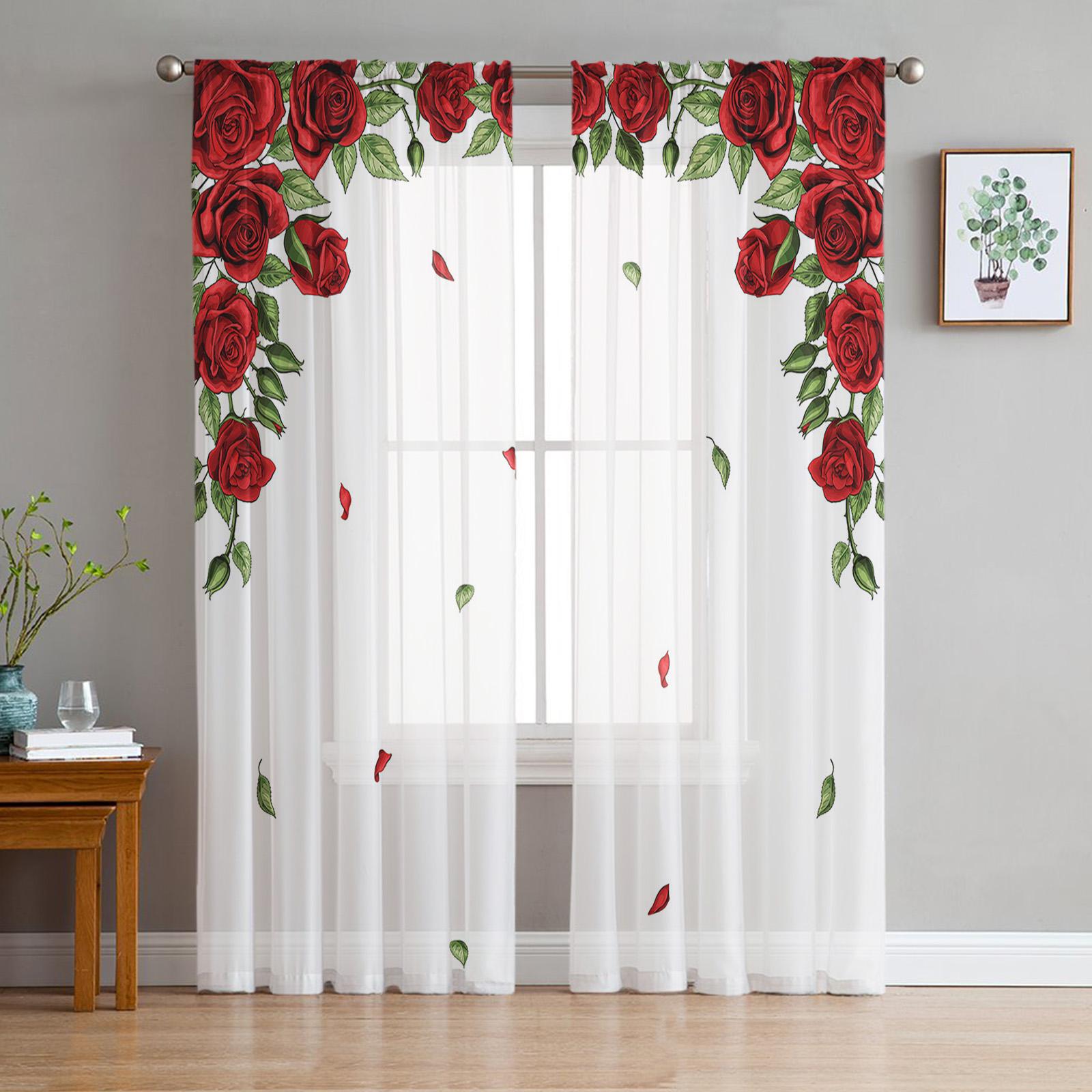 Valentinstag Rose Blume Sheer Vorhänge für Wohnzimmer Dekoration Fenster Vorhänge für Küche Tüll Voile Organza Vorhänge W135 x H115cm x1 white