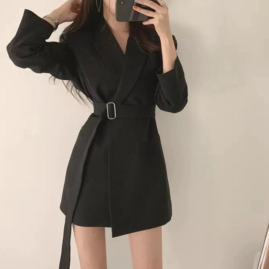 Frauen Blazer Anzug Chic Retro Bund Koreanische Casual Medium Länge Business Blazer Anzug Jacke Weibliche S schwarz