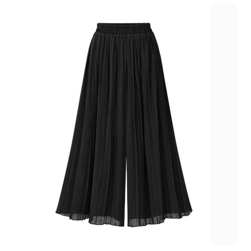 Chiffon-Damen, weite Hosen, plissiert, Strand-Culottes, lockere, abgeschnittene Hosen, hohe Taille, dünne Hosen mit weitem Bein XL schwarz