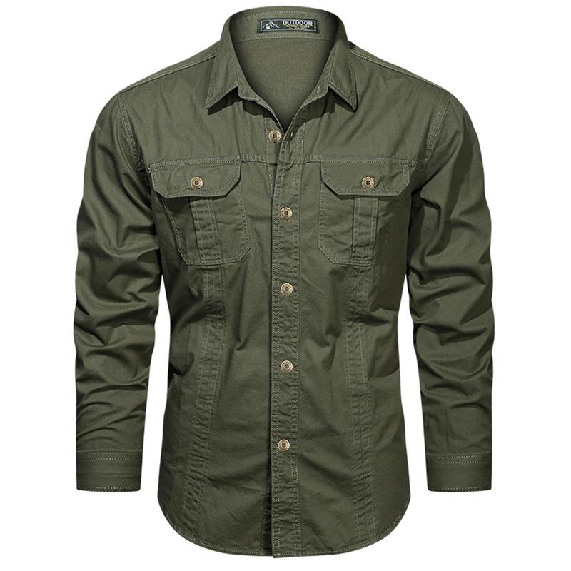 Langarmhemd Herren Frühling und Herbst Locker Baumwolle Arbeitskleidung Top Herbst Lässig Revershemd XXL armee grüne