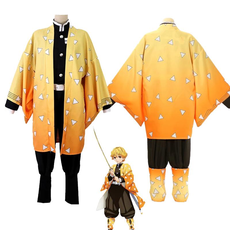 Anime Dämon Slayer Kimetsu Keine Yaiba Agatsuma Zenitsu Cosplay Kostüm Frauen Kimono Uniform Halloween Weihnachten Party Kleidung 160cm