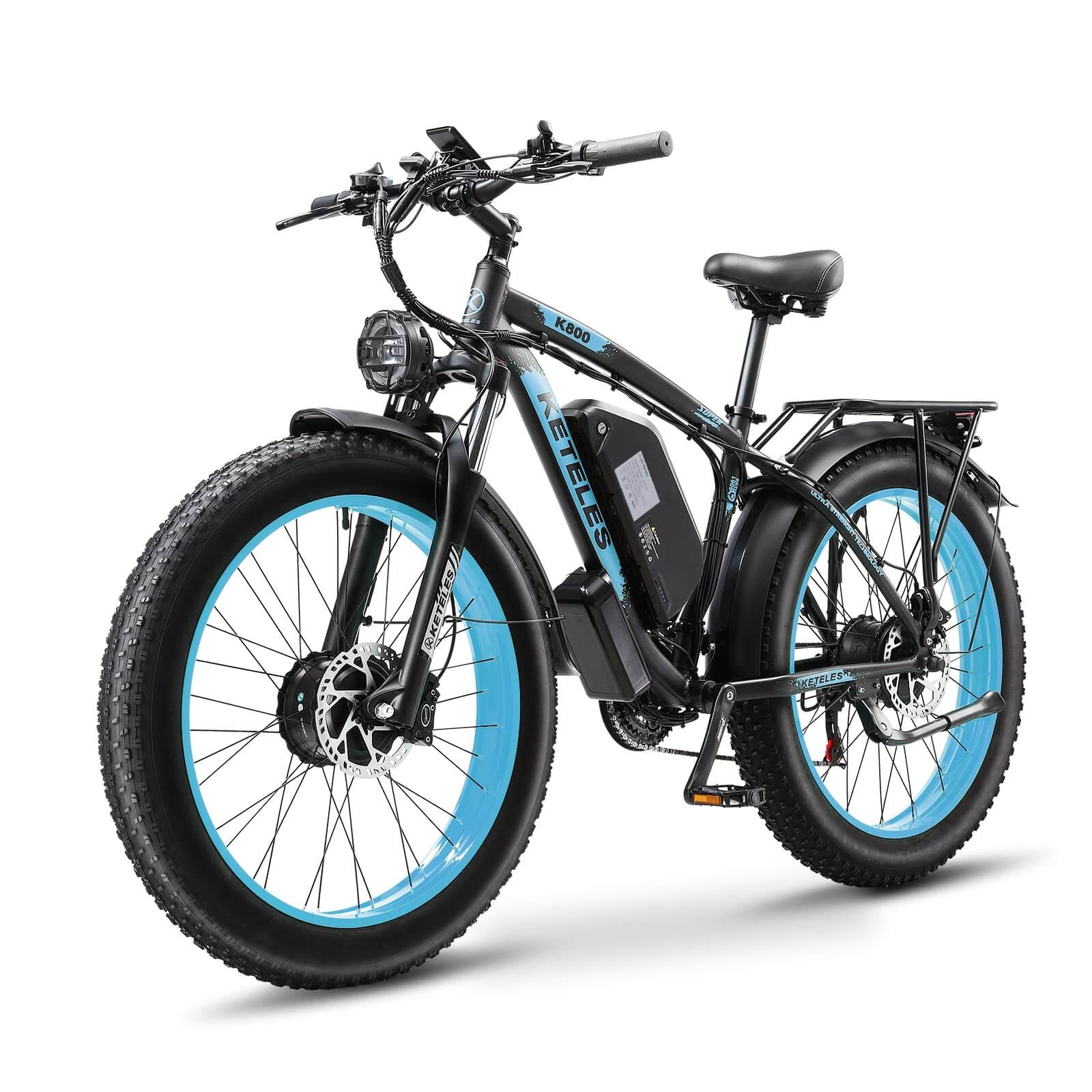 KETELES K800 Dual-Motor-Elektrofahrrad mit 2000 W, 48 V 23 Ah Akku, 26 Zoll Fat Tires, feststellbarer Federgabel, Rennrad-E-Bike 48V 2000W 23Ah blau