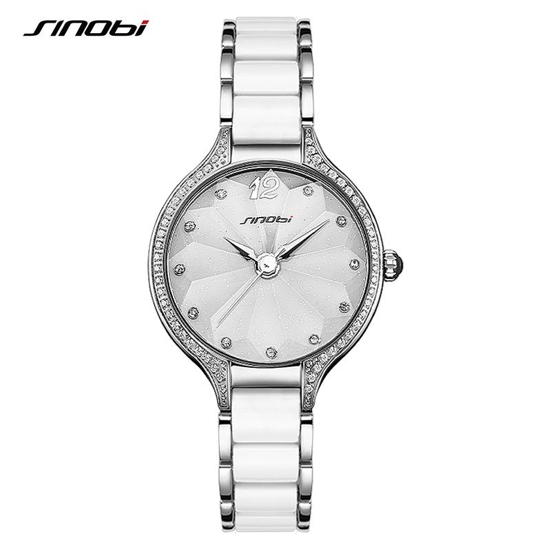 SINOBI Elegante Mode Uhren Frauen Luxus Uhr Damen Goldene Diamant Quarz Armbanduhr Geschenke für Frauen silber