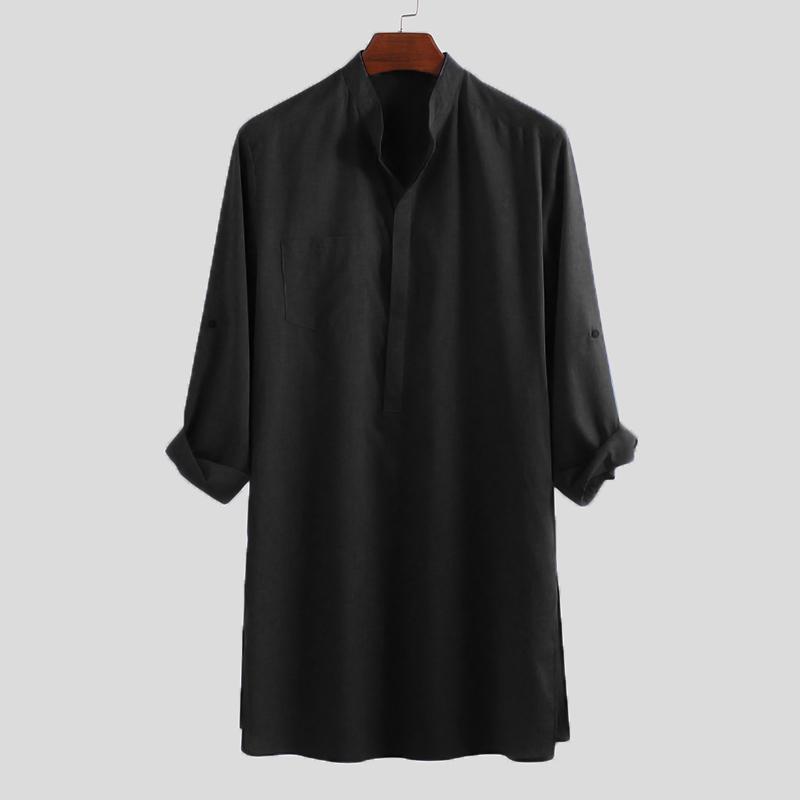 INCERUN S-5XL Herren Regular Fit Kragen Kurta Muslimische Kleider Abaya Kaftan Langarm Herrenhemd S schwarz