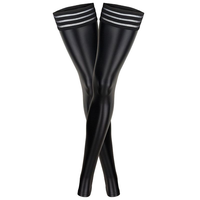 Sexy Overknee-Strümpfe aus PU-Leder für Damen, lange Stiefel, oberschenkelhohe Strümpfe, Spitzenstreifen, Lederstrümpfe in Übergröße XXL