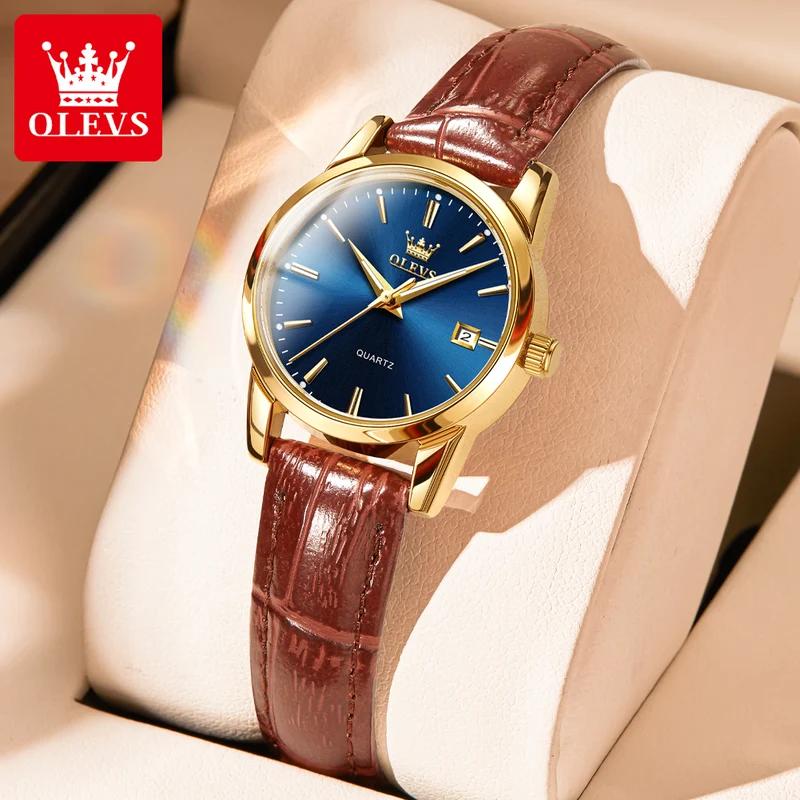 OLEVS Elegante Damenuhr Lederarmband Mode Schlicht Wasserdicht Damen Quarz Uhr Top Marke Datumsanzeige Uhr Mädchen Geschenk blau