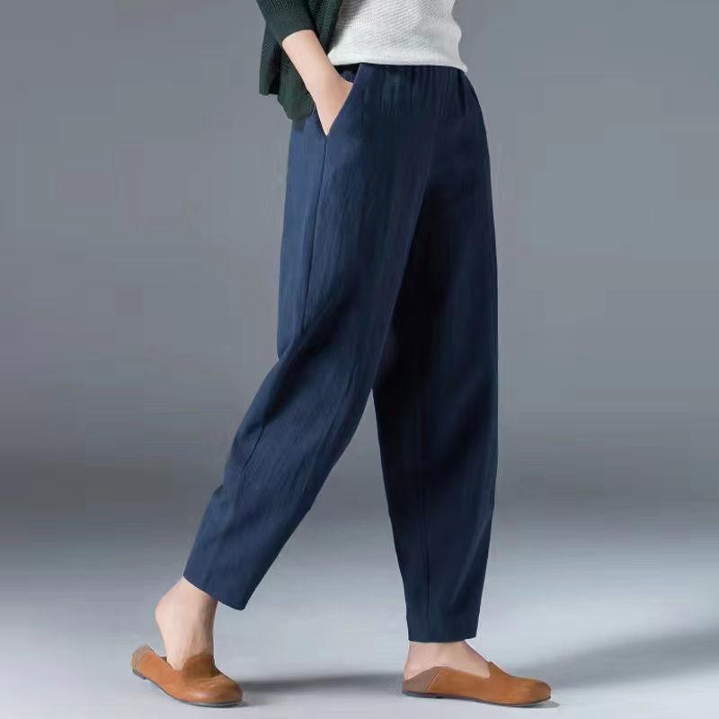 Bestellen Sie zwei Nummern größer, Damen Sommer lässige lose Haremshose elastische Taille Baumwolle Leinen dünne Hose neunte Hose XXXXXL navy blau