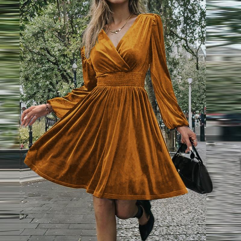 ZANZEA Damen Elegante V-Ausschnitt Langarm Tailliert Gestrickte A-Linien Kleider M gelb