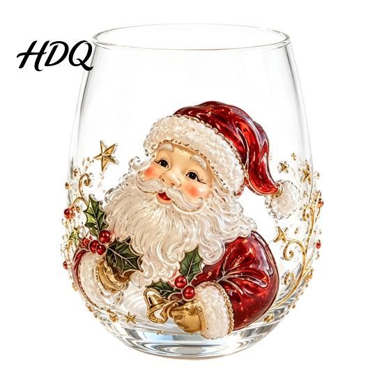 Handgehaltener bauchiger Becher Kreative transparente Tasse mit Weihnachtsmann-Muster 3D-geprägtes weihnachtliches ästhetisches Glas-Teetassen Trinken mit Baum Kranz Socken A