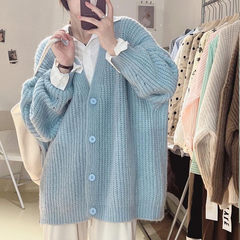 Korea Grob Gestrickte Pullover Mantel Akademie V-ausschnitt Langarm Strickjacke Feste Beiläufige Stil Lose Pullover Strickjacke Weibliche One Size himmelblaue