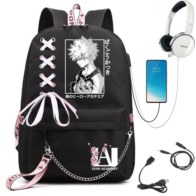 My Hero Academia Anime Damen Rucksack USB-Anschluss Damen Reise Rucksack Umhängetasche Katsuki Bakugo Anime Trend Laptop Rucksack black