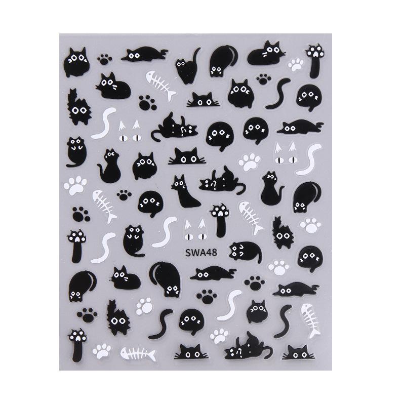 1 Stück Schwarze Katze Nail Art Aufkleber, Halloween Cartoon Tier Selbstklebende Abziehbilder, DIY Nagelstudio Kunst Dekorationen Tierdruck SWA48