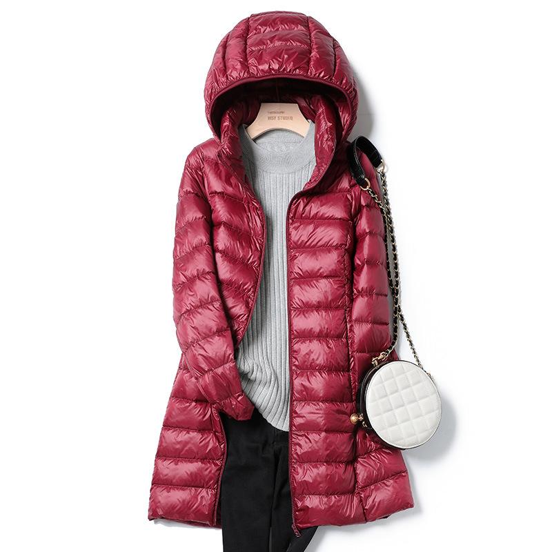 Herbst und Winter Übergröße Damen Ultraleichte, verstaubare, lange Pufferjacke Damen mit Kapuze Koreanischer Slim-Mantel mit übergroßer, abnehmbarer Kappe XXXL wein rot