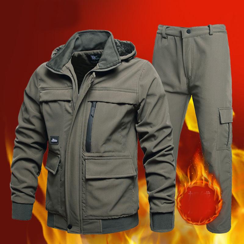 Männer Outdoor Soft Shell Jacke und Hose Plus Samt Dicke Warme Baumwolle Jacken Sport Anzug Wander Anzug Angeln Anzug 195 grün