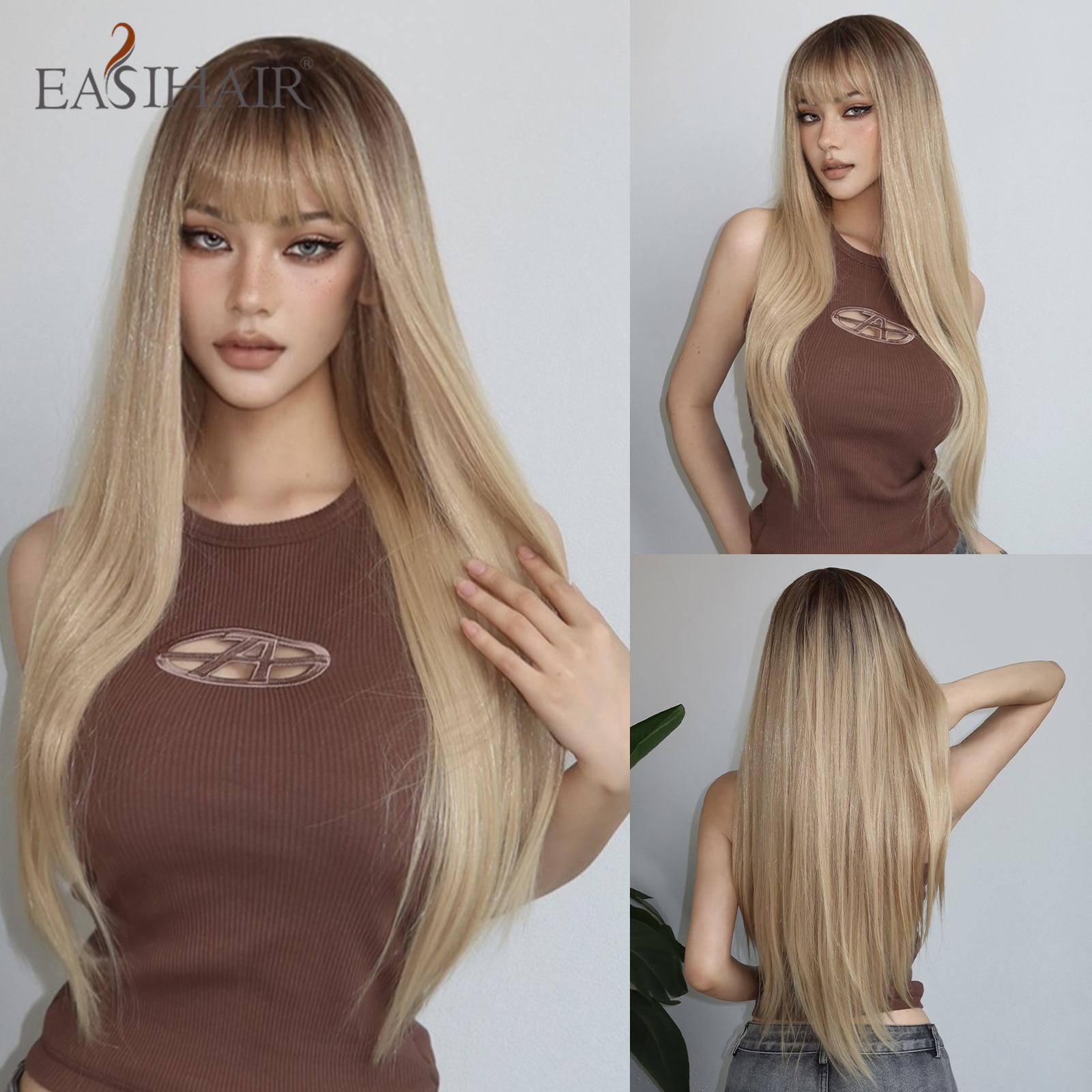 EASIHAIR Blonde Ombre-Synthetik-Perücken mit Pony, lange, glatte Naturhaar-Perücken für Frauen, tägliche Cosplay-Perücke, hitzebeständige Faser