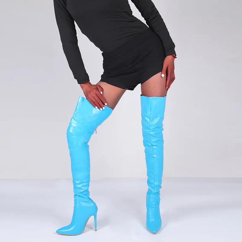 Mode Sexy Stiletto Ultra Extrem Hohe Absätze Abend Club Party Oberschenkelstiefel Damen Schlankes Bein Stretch Overknees Stiefel Schuhe 46 38 himmelblaue