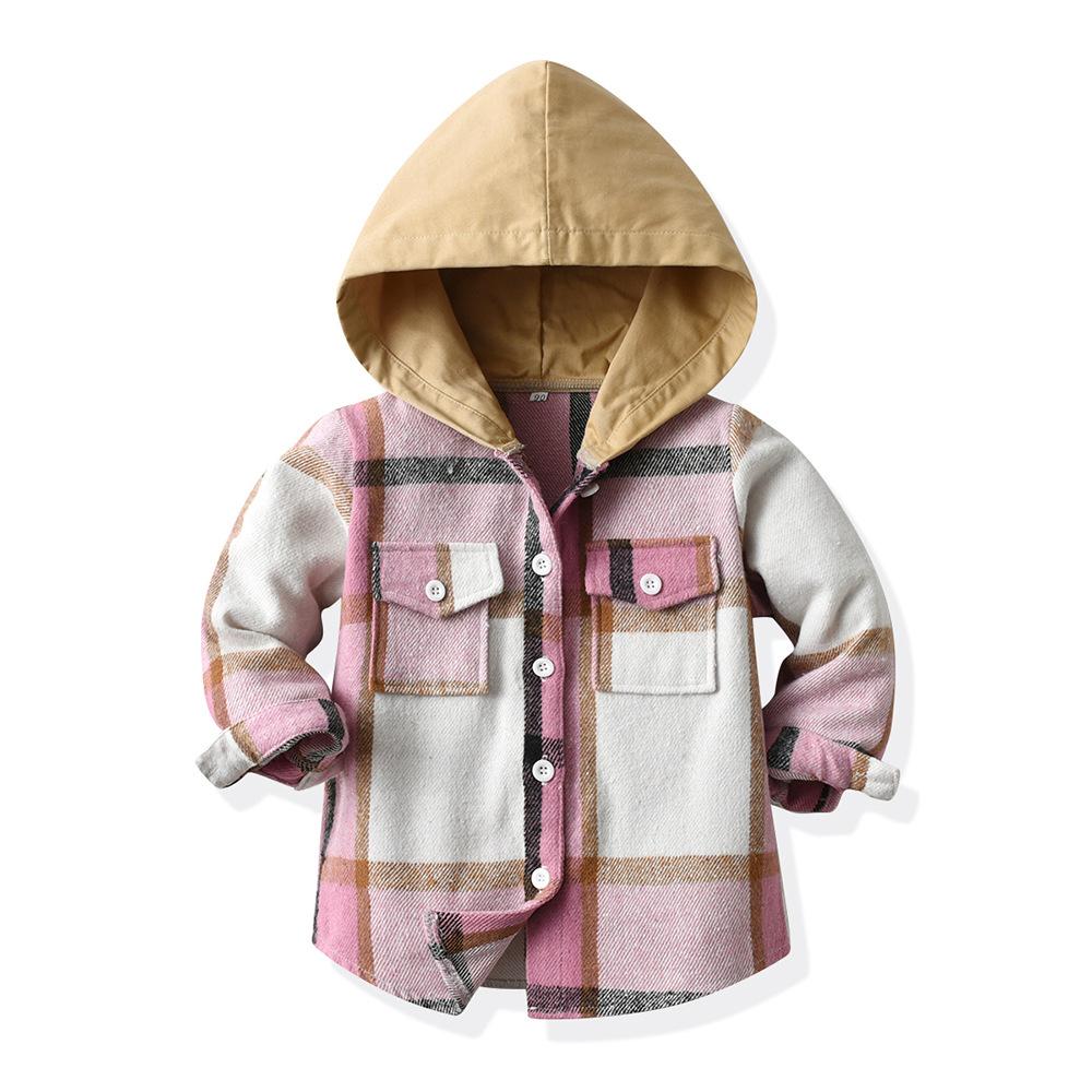 Kinder Herbst Winter Kariert Fleece Kapuzenjacke Langarm, Lässige Mode Unisex Vielseitiges Oberteil für Ältere Kinder 70 rosa