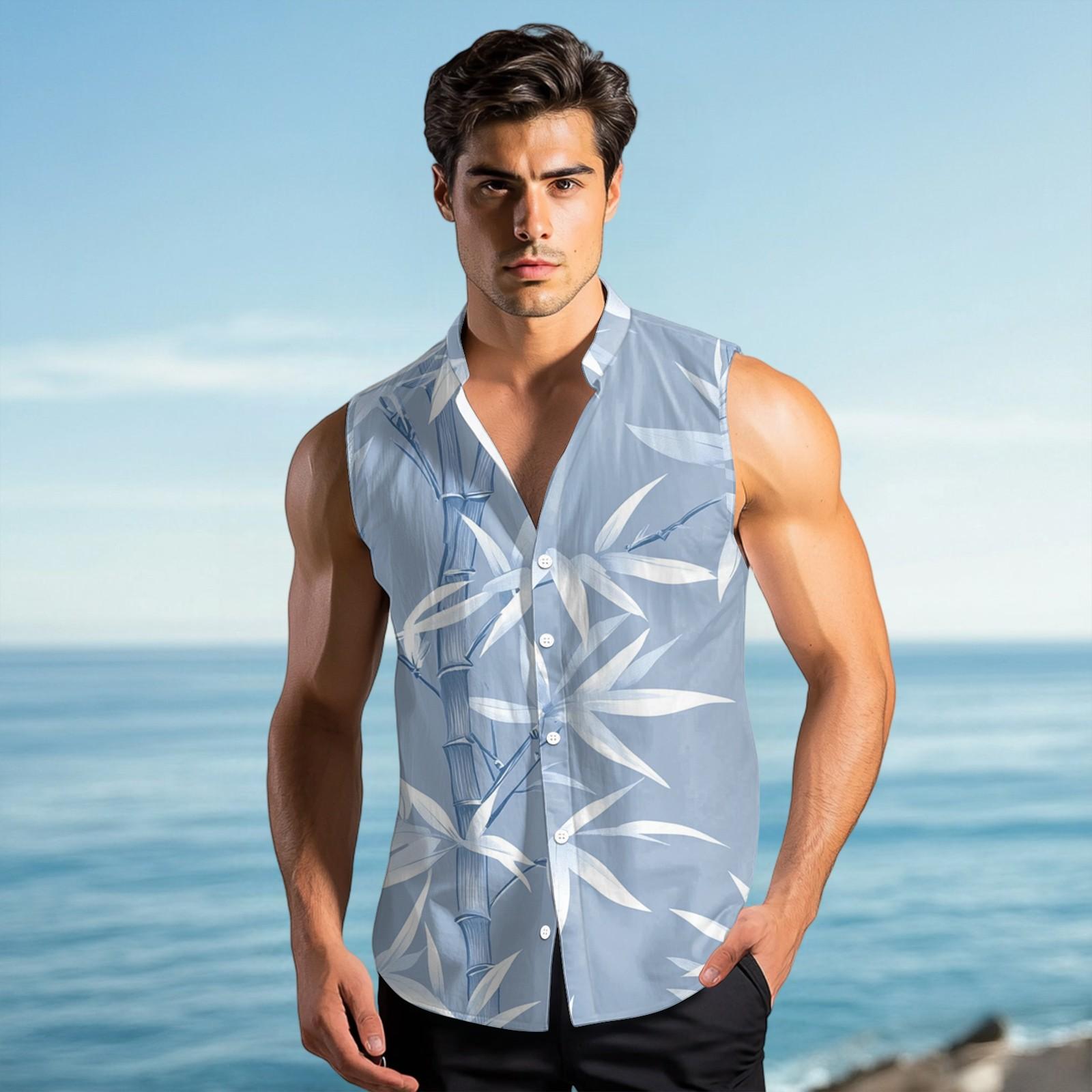 Herrenmode Bedrucktes ärmelloses Revers Button-Down-Hemd Weste Top XXXL cyanblau