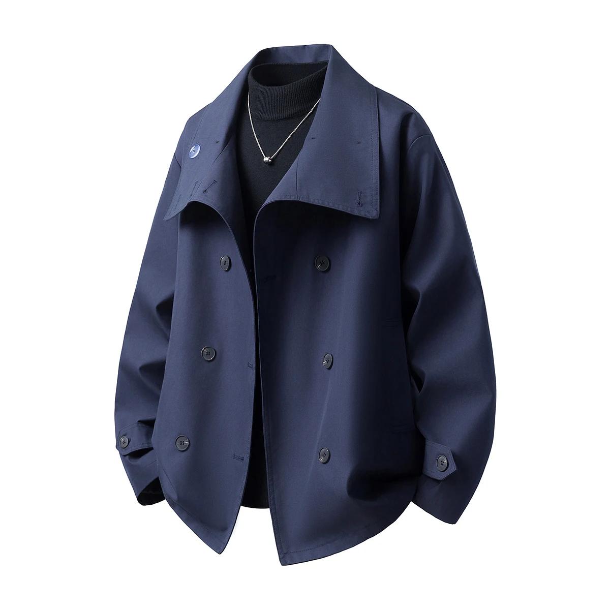 Frühling Herbst Herren Retro Kurzer Trenchcoat Unifarben Umlegekragen Zweireihig Mode Oberbekleidung Mäntel Herren Lose Jacken 3XL navy blau