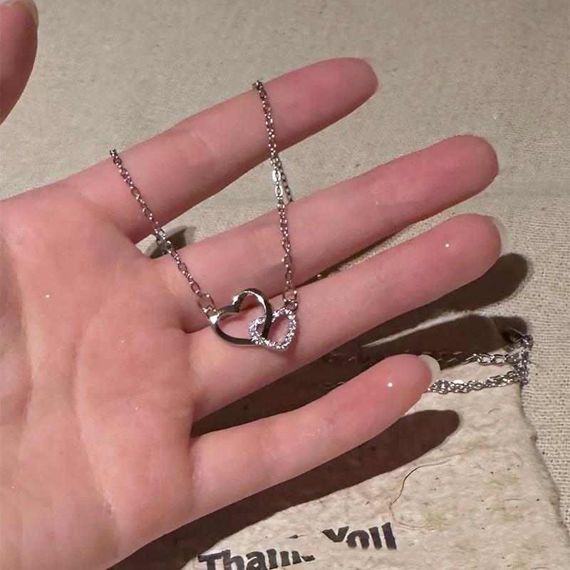 Mode frauen Doppel Herz Halskette Mädchen Ineinander Greifen Schlüsselbein Kette Halskette Liebe Schmuck Party Geschenk