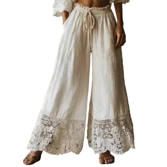 Damenhosen, Verstellbarer Bund mit Kordelzug, Hoher Bund, Sommerhosen, Einfarbige Locker geschnittene Lange Hosen mit Spitze am Saum XXL apricot