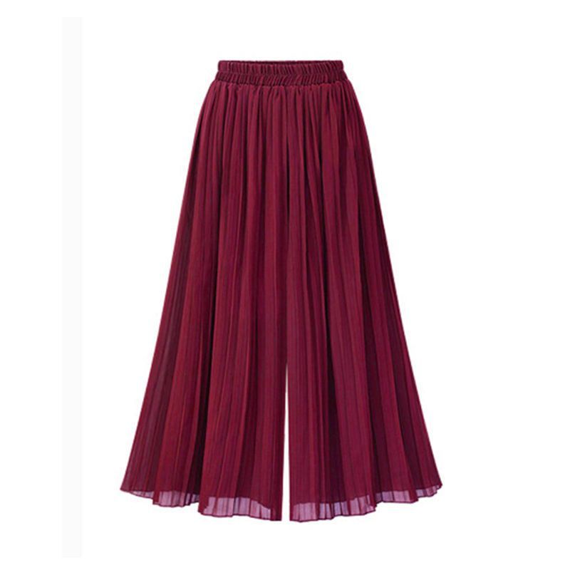 Chiffon-Damen, weite Hosen, plissiert, Strand-Culottes, lockere, abgeschnittene Hosen, hohe Taille, dünne Hosen mit weitem Bein L wein rot