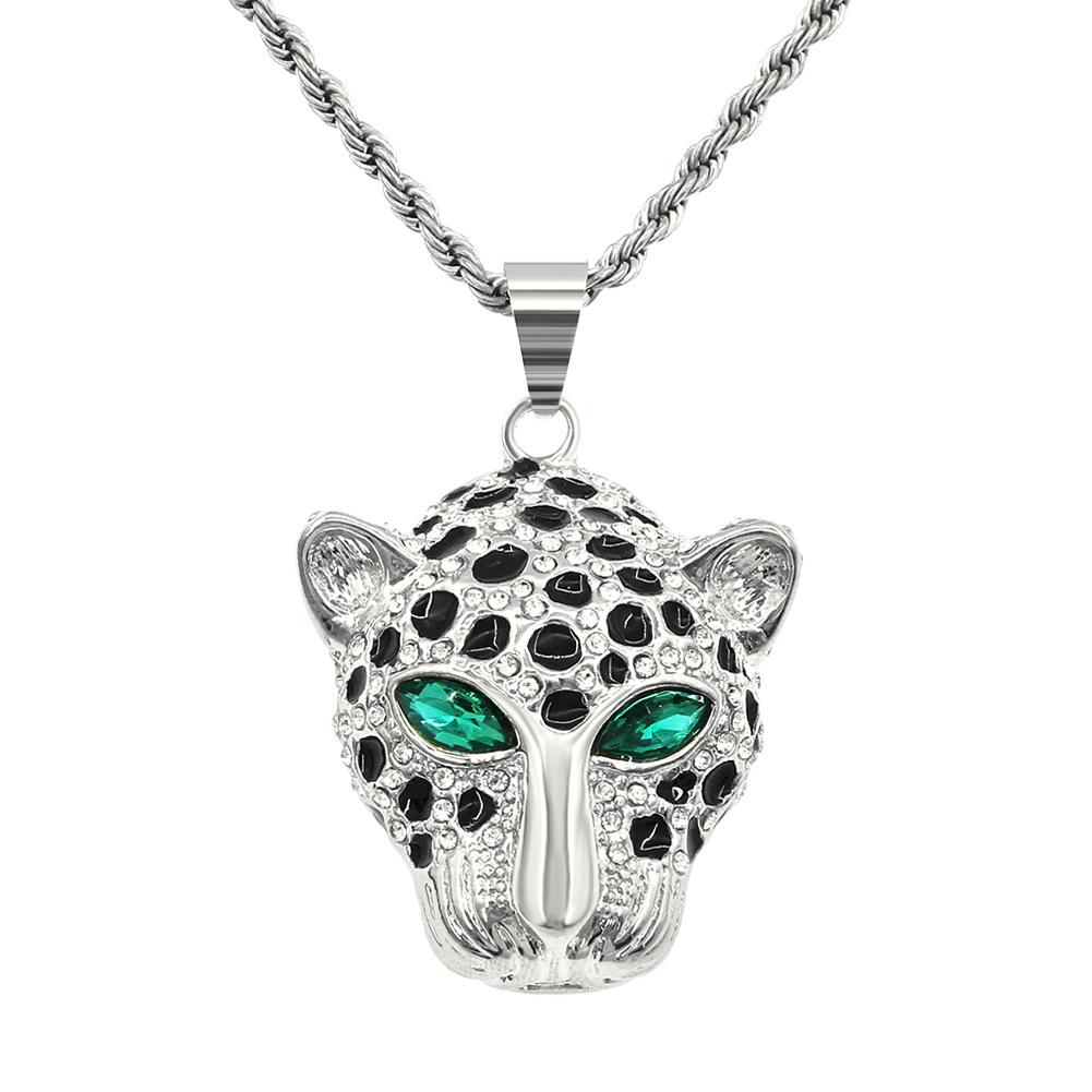 Europäische Hip Hop dreidimensionale Diamant-Intarsien grüne Augen Leopardenkopf Anhänger Halskette Fashionmonger personalisierte Anhänger Zubehör Anhänger gray