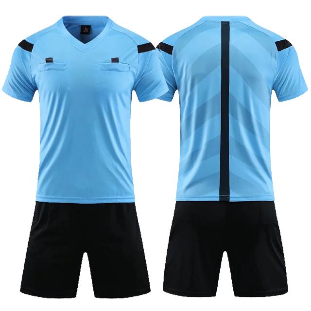 Professionelle Fußball-Schiedsrichteruniform Herren Turn-Down-Fußball-Schiedsrichterhemden Fußball-Schiedsrichterkleidung Kurzarmtrikot 5 Farben Aldult Size 3XL himmelblaue
