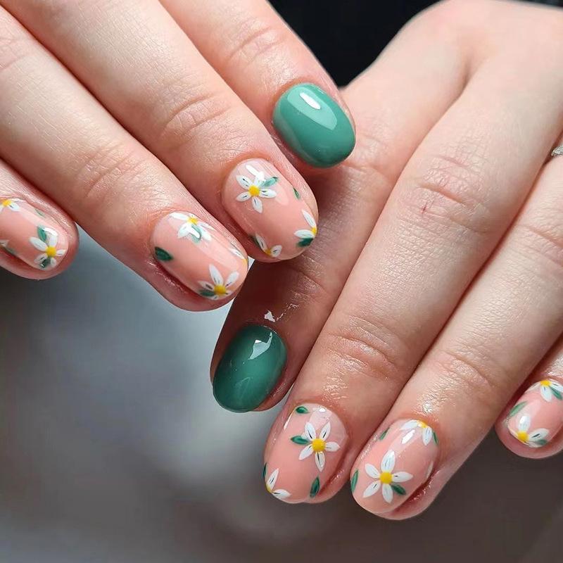 24 Stück Nagel Grün Daisy Blume Nail Art Stück Niedlich Frische Nagel Stück Gefälschte Nagel Stück Nagel