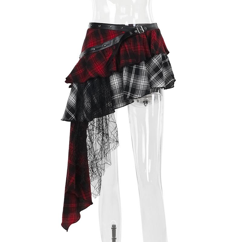 Harajuku Grunge Gothic Rock Damen Streetwear Punk Dark Plaid Patchwork Unregelmäßiger Rock Y2k E-Girl Emo Alternative Rock M rot