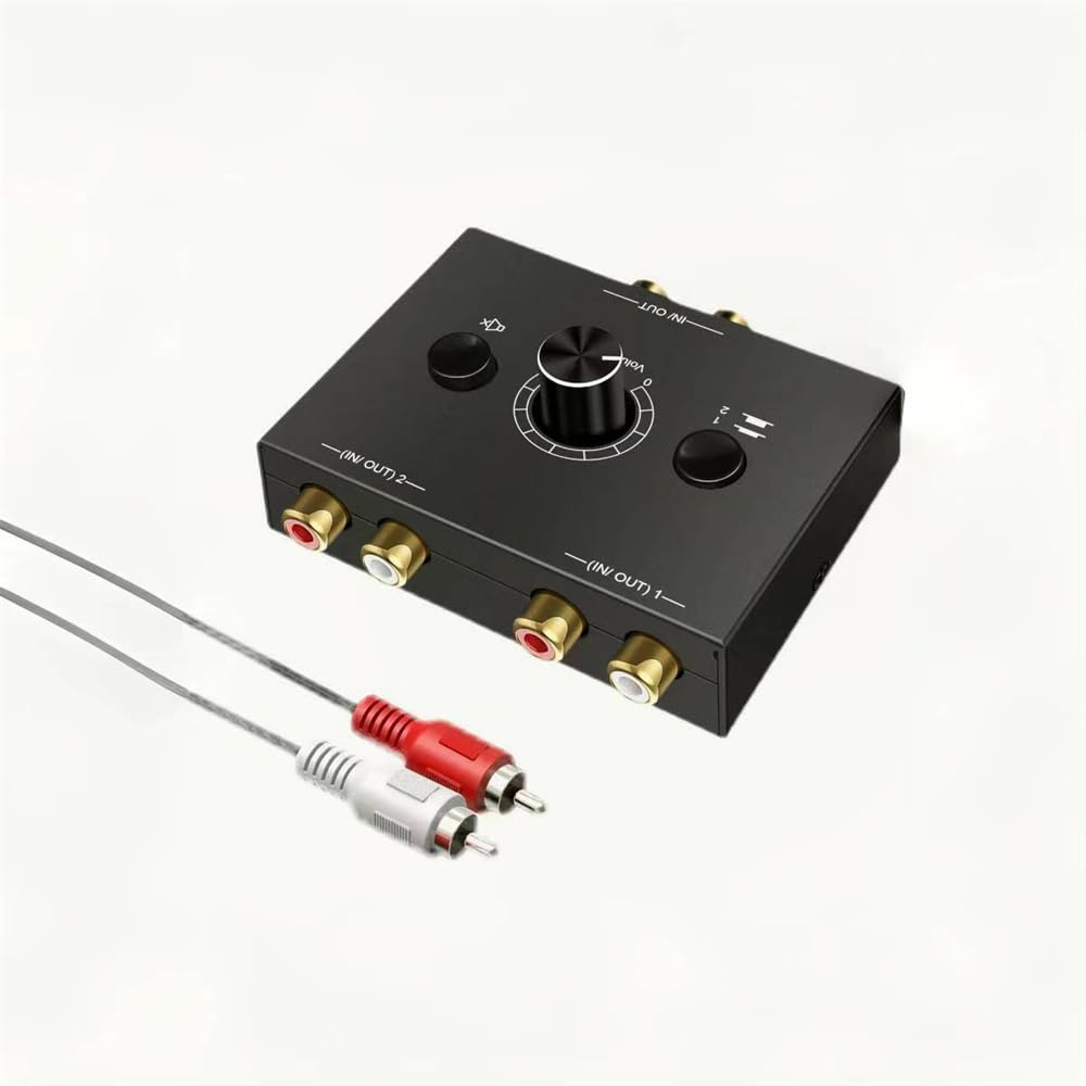 RCA Stereo Audio Umschalter Audio Selektor Splitter Audio Selektor Schalterbox mit Stummschaltung und Schalter Kompatibel mit Aktivem R/L 2(1)-in 1(2)-Raus Ein-Schlüssel schwarz